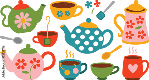 Tea time set with teapots cups and mugs decorated with floral patterns and polka dots for cozy kitchen decor