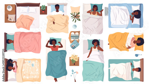 Vector illustration of diverse people sleeping in different positions with colorful blankets, cozy beds, and peaceful night rest