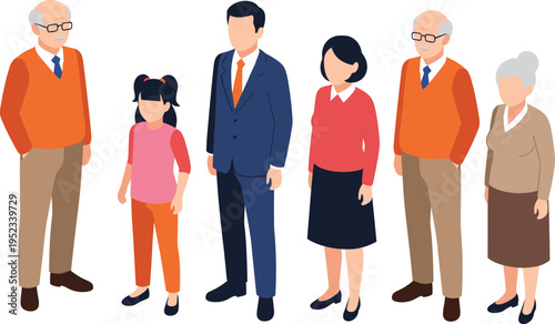 Family members set different generations people characters flat design parents grandparents child vector illustration cad drawing collection style