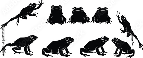 Frog silhouettes set amphibian animal poses jumping sitting wildlife nature vector illustration cad drawing flat design collection artwork