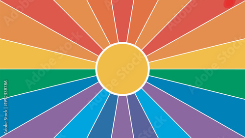 A vibrant rainbow-colored sunburst design symbolizing diversity and inclusivity with a bright yellow sun.