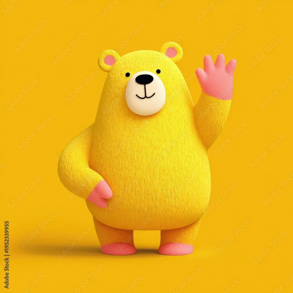 Fototapeta premium Round Bear Waving Paw Simple Geometric Shapes No Color Shadow Cute Animal Character Illustration Art