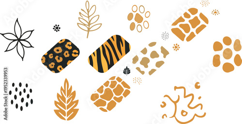 Animal Print Pattern Collection Featuring Leopard, Tiger, Giraffe Textures with Abstract Leaves and Decorative Elements in Modern Flat Vector Style for Fashion Design.