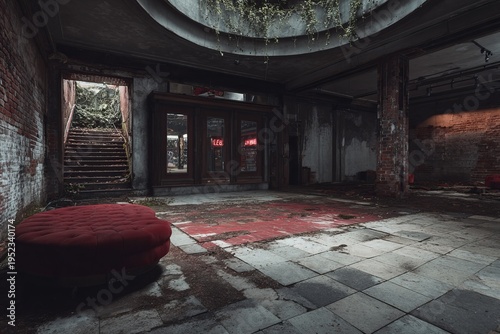 Wallpaper Mural Dilapidated grand hall with worn walls, red seating, & entry. Overgrown plants indicate age, & natural light enters Torontodigital.ca