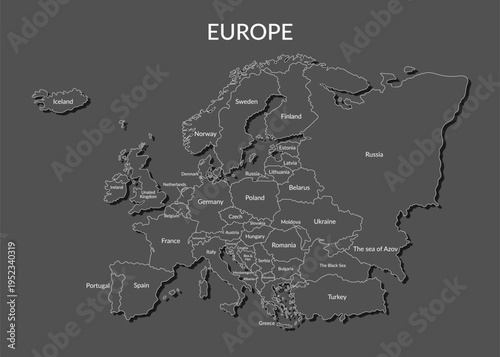 Political black map of Europe. European countries borders in a flat style isolated on black background. Vector template.