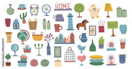 Collection of different decorative items for home interior isolated on white background. Vector flat cliparts. Concepts of home, interiors, decoration.