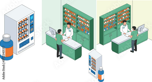 Pharmacy interior with pharmacist customer medicine shelves vending machine healthcare service isometric vector illustration medical store cad drawing design