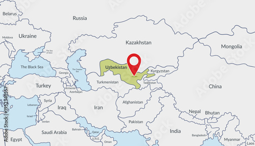 Uzbekistan on political map with location marker3. Travel concept. Vector flat template.