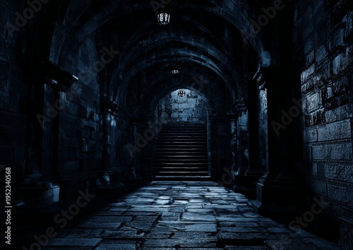 Wallpaper Mural Dimly lit stone archway, leading to stairs and a distant illuminated emblem. Dark and foreboding atmosphere Torontodigital.ca