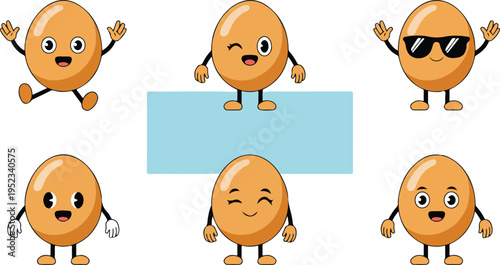 Collection of cute happy egg characters in various poses. cartoonish food mascot with different emotions