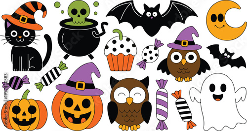 Cute halloween elements set with black cat, pumpkin, ghost, owl, bat, and candies in cartoon style