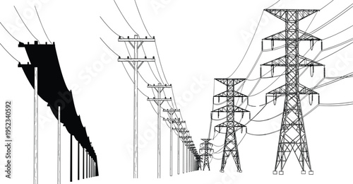 Power lines and transmission towers set electricity distribution infrastructure high voltage pylons energy grid vector illustration cad drawing flat