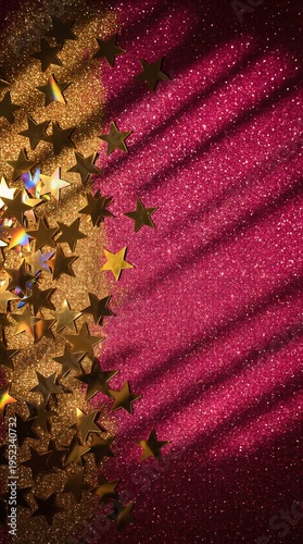 Festive background with gold star confetti and magenta glitter