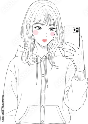 スマートフォンで自撮りをするパーカー姿の若い女性の線画イラストレーション。SNSやブログ、ウェブサイトのコンテンツに最適な、現代的で親しみやすいデザイン。 透明背景付き分離PNG