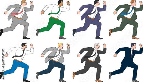 Set of businessmen running in different colored suits and pants symbolizing speed competition and career growth