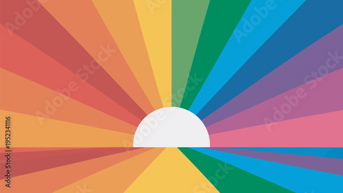 A vibrant rainbow-colored sunburst design with a white sun in the center