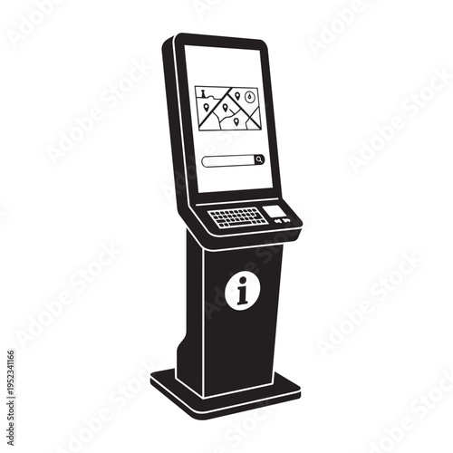 Interactive information kiosk vector illustration with digital map screen and keyboard for navigation