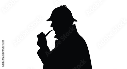 A detective in a deerstalker hat smokes his pipe silhouette