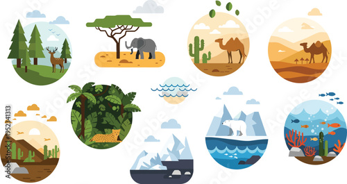 World Biomes Collection Featuring Forest, Desert, Jungle, Arctic, Ocean, and Wildlife Scenes in Circular Flat Vector Style for Nature Education and Environment Design Projects.