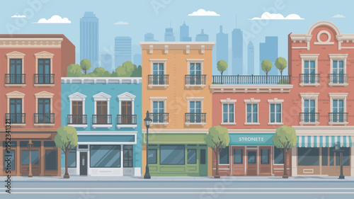 A vibrant city street lined with colorful buildings and a modern skyline in the background.