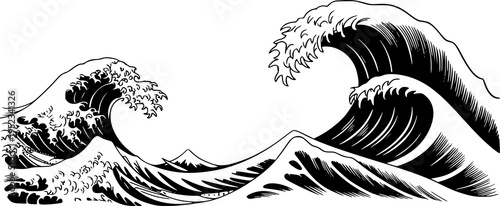 Large Black Ink Waves Crashing White Background With Distant Mountain ocean water