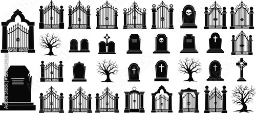 Set of gothic cemetery gates tombstones silhouettes spooky graveyard elements Halloween vector illustration isolated black icons collection cad drawing flat