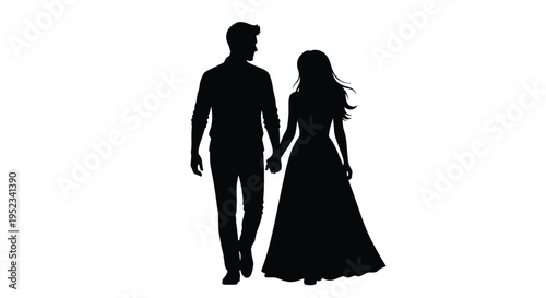 Couple holding hands walking forward in a dramatic silhouette