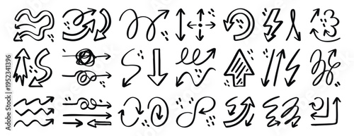 Tableau sur toile Black doodle arrow set, hand drawn vector collection of different pointer shapes
