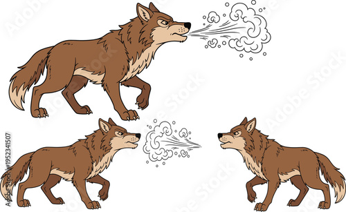 Wolf blowing air cartoon animal character wild predator illustration aggressive behavior wildlife vector drawing cad drawing flat design