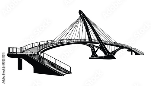 Modern cable stayed bridge with pedestrian walkway and stairs illustration vector