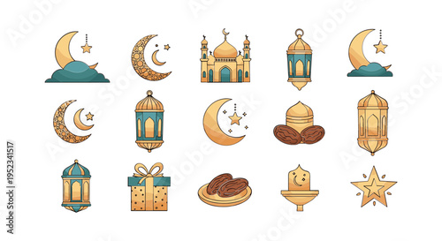 Ramadan Kareem Decorative Islamic Icons Set.
