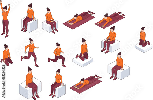 Woman physiotherapy exercises set rehabilitation workout positions fitness therapy training poses medical recovery vector illustration cad drawing collection design