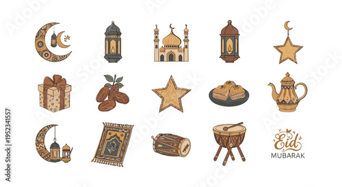 Ramadan Kareem Islamic Symbols and Food.