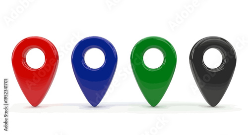 Set of four distinct 3D map pin markers in red, blue, green, and black, for location and navigation purposes on digital platforms