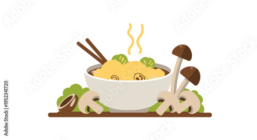 Delicious Bowl of Noodles with Fresh Vegetables and Mushrooms.
