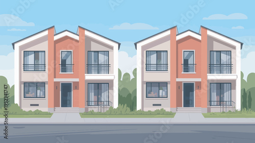 A pair of modern townhouses with orange and beige facades stand side by side on a quiet suburban street