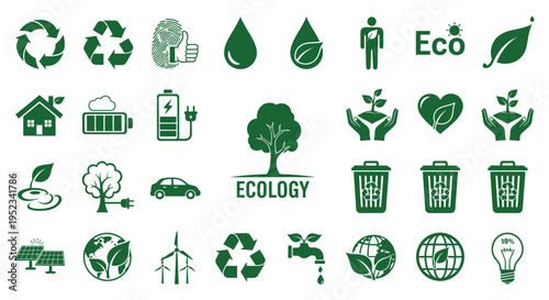 Comprehensive Collection of Green Ecology and Environmental Protection Icons, Emphasizing Sustainable Living, Renewable Energy, and Earth Conservation