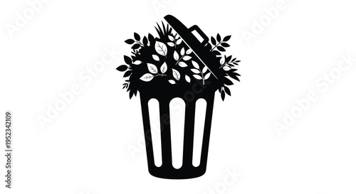 Trash can overflowing with foliage a stark environmental statement silhouette