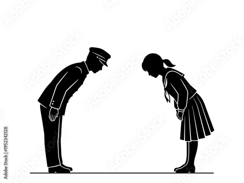 A black silhouette of a male and female student in traditional Japanese school uniforms bowing to each other, representing respect, greeting, and cultural etiquette.