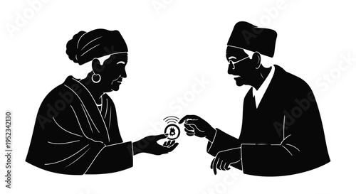 Elderly couple exchanges digital currency using a small wireless device illustration.