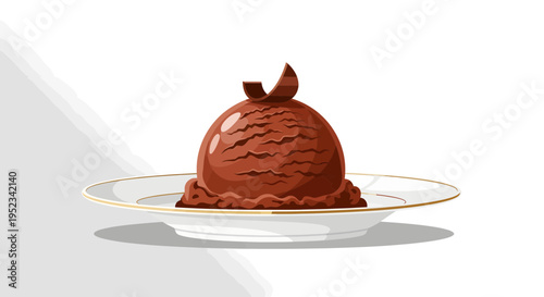 Delicious Chocolate Ice Cream Scoop on a White Plate.