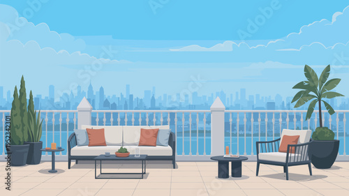 A modern outdoor patio with a city skyline view, featuring a white couch and chair with orange pillows, surrounded by potted plants and a metal railing.