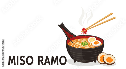 Delicious Miso Ramen Bowl with Chopsticks and Eggs.