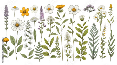 set of field flowers, vector drawing wild plants at white background, floral elements, hand drawn botanical illustration
