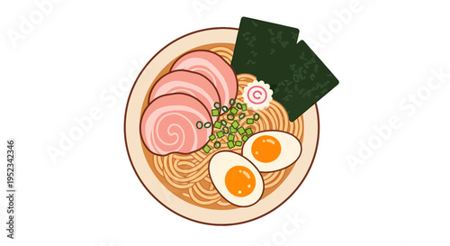Delicious Ramen Bowl Illustration with Noodles and Toppings 2.