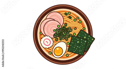 Delicious Ramen Bowl Top View Illustration.