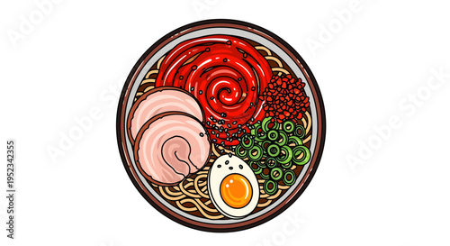 Delicious Ramen Bowl Illustration with Pork and Egg.