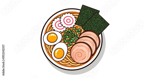Delicious Ramen Bowl Illustration with Noodles and Toppings.