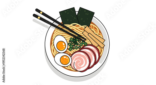 Delicious Ramen Bowl with Chopsticks and Ingredients.