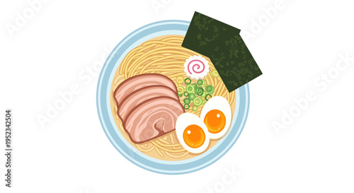 Delicious Ramen Bowl with Pork and Egg Top View.